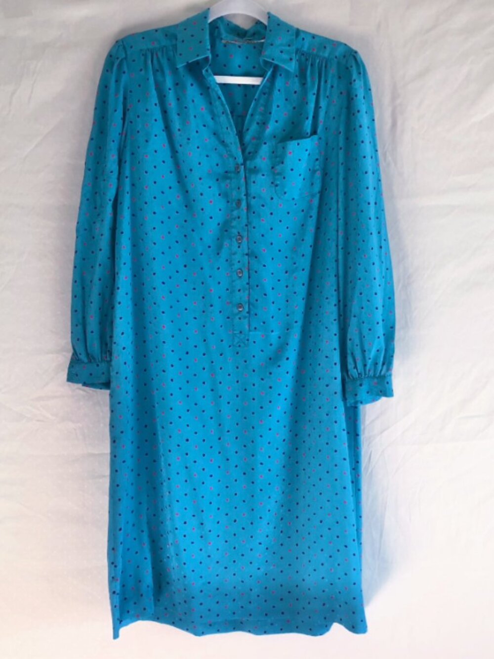 Vintage 80s Schrader Sport Scattered Dot Silky Office Midi Dress Teal Size M